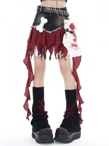 [$33.04]Black and Red Plaid Irregular Hem Denim Skirt with Free Plush Bone