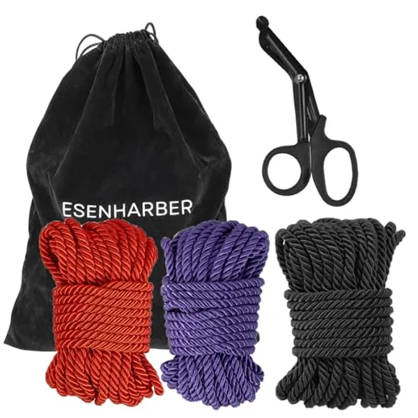 Shibari Rope, Japanese Rope Kit for Beginners and Experienced Riggers, Soft Ropes with Shears for Simple and Complex Knots, Set of Three 30 Ft 8mm Braided Ropes, 1 Safety Shears and 1 Storage Bag