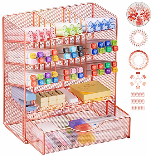 Marbrasse Rose Gold Desk Organizer with Drawer, Multi-Functional Pen Holder, Pen Organizer for desk, Desktop Stationary Organizer, Storage Rack for School Home Office Art Supplies + 72 Clips Set - Rose Gold Pen Holder with Drawer