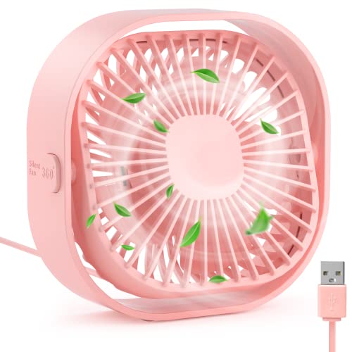 RJVW Small USB Desk Fan,3 Speeds Portable Table Fan, 4 inch Personal Mini Fan,Small Cooling Fan by USB Plug In, 360°Rotatable Silent Desktop Fan for Home Office Bedroom Dorm Indoor Outdoor Summer Gift - Pink
