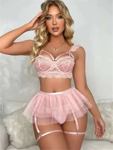 Lace Skirt Lingerie Set - Pink / XL