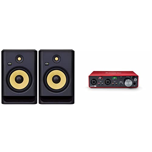 KRK RP8 Rokit 8 G4 Professional Bi-Amp 8" Powered Studio Monitor Pair, Black & Focusrite Scarlett 2i2 3rd Gen USB Audio Interface for Recording, Songwriting, Streaming and Podcast - Black - RP8-G4 Pair - MONITOR + Audio Interface