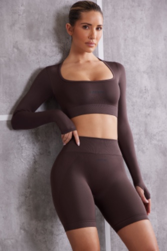 Long Sleeve Crop Top in Brown | M