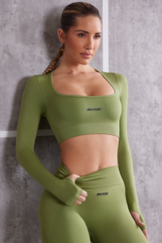 Long Sleeve Crop Top in Olive | M