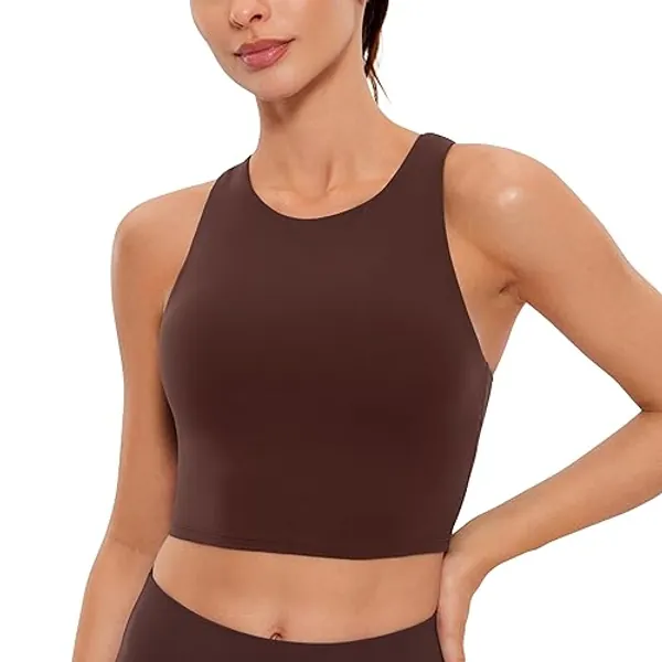 CRZ YOGA Women's Butterluxe Racer Back Padded Sports Bra - High Neck Longline Crop Top Gym Workout Tank Tops with Built in Bra - 8 - Taupe