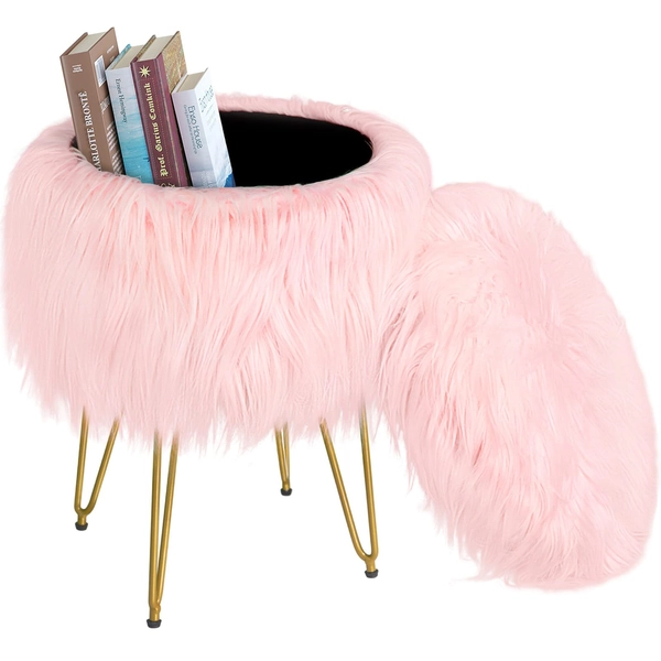GREENSTELL Vanity Stool Chair 4 Metal Legs with Anti-Slip Pad, Round Faux Fur Storage Ottoman, 15.75”W x 19.29’’H Soft Furry Compact Padded Seat, Modern Decorative Chairs for Makeup, Bedroom Pink