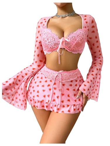 RoseSeek Women's Heart Print Lingerie Set Flare Sleeve Open Front Bralettes Tops and Thongs with Mesh Mini Skirt - Medium - Pink