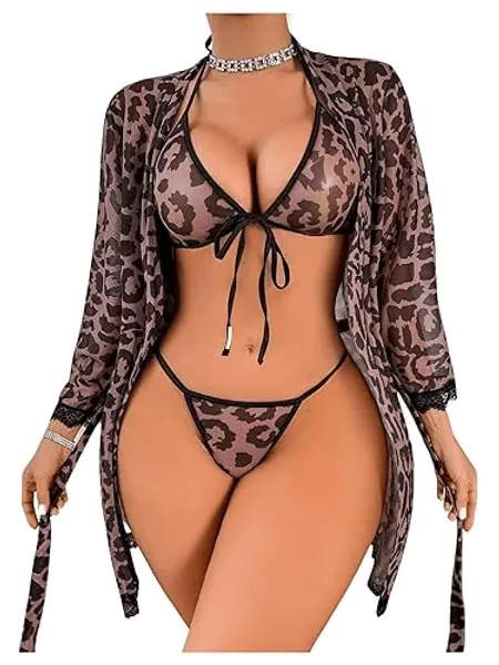 RoseSeek Women's Lace Sheer Leopard Lingerie Set Wireless Halter Triangle Bra and Panty Set with Belted Robe - Medium - Multicolor
