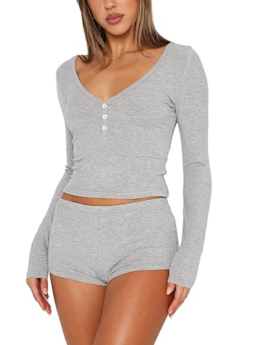 REVETRO Fall Womens 2 Piece Pajama Sets Sexy PJ Shorts Y2k V Neck Long Sleeve Lounge Set Sleepwear with Button Down - Medium - Flower Grey