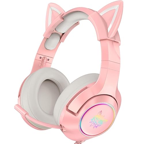 PHNIXGAM Pink Girl Gaming Headset for PS4, PS5, Xbox One(No Adapter), Wired Over-Ear Headphones with Detachable Cat Ears, Noise Cancelling Microphone, RGB Backlight, Surround Sound for PC - Pink