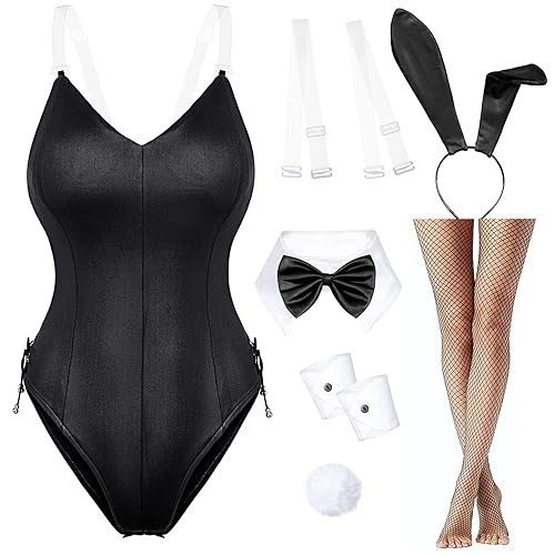 Womens Bunny Costume Girl Bodysuit Anime Role Costume Senpai Cosplay Bodysuit One Piece Stockings Set - XX-Large - Black