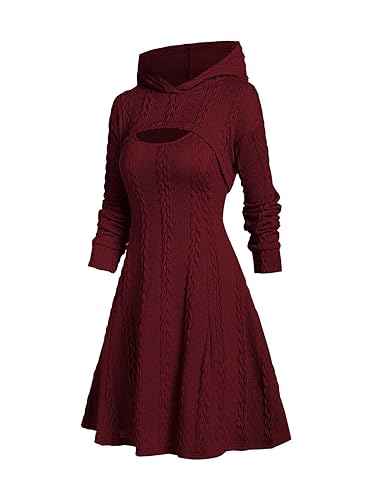 DRESSFO Womens Two Piece Outfits Long Sleeve Hooded Sweater Dress 2024 Fall Pullover Crop Top with Sleeveless Dress - 2X - Deep Red