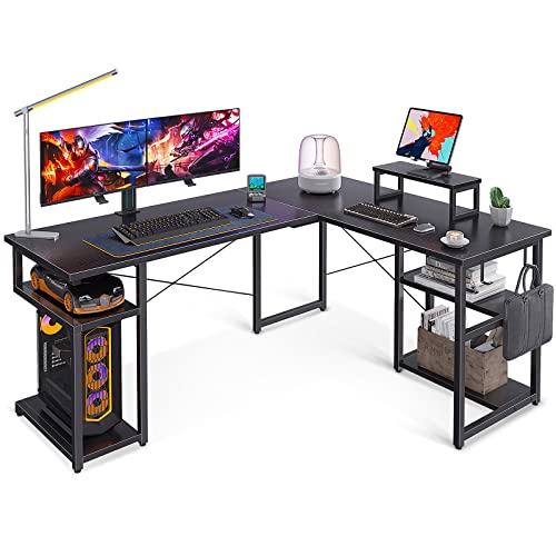 ODK 58" L Shaped Desk Computer Desk with Storage Shelves & PC Stand, Gaming Desk with Monitor Stand, Home Office Writing Desk, Modern Large Wooden Desk, Black - Black - 58 inch