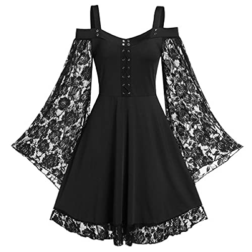 Gothic Vintage Lace Patchwork Women Dress Plus Size Goth Bandage Ladies Spaghetti Strap Dresses - X-Large - Black