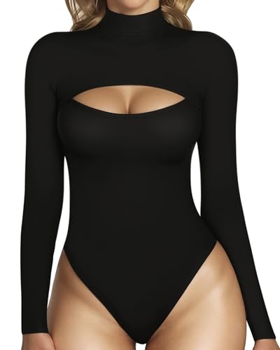 MANGOPOP Mock Neck Cutout Front Top Long Sleeve Short Sleeve Bodysuits for Women - Long Sleeve - XX-Large - A Black