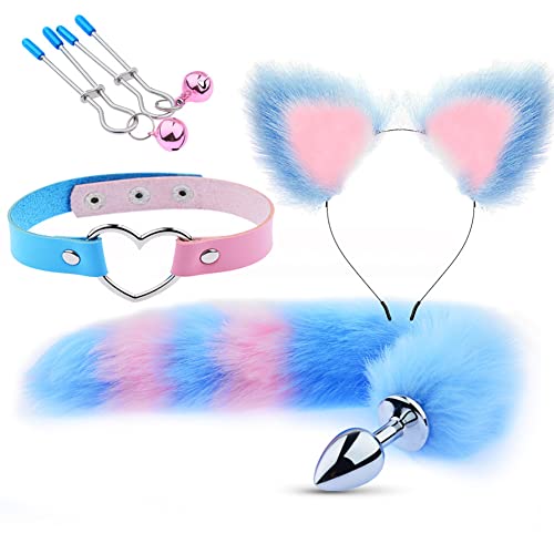 Faux Fur Cat Wolf Fox Tail Anal Plug Tail Choker Nipple Clamps Anal Butt Plug Set Adults Plush Tail Cosplay Costume for Women Sex Pleasure 4 PCS Blue - Blue Tail
