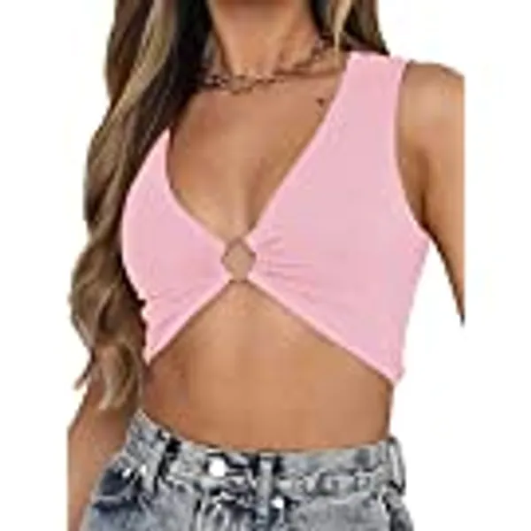 Women's Sexy Sleeveless Plunging Neckline Underboob Corset Y2k Cropped Tank Top with Golden Ring