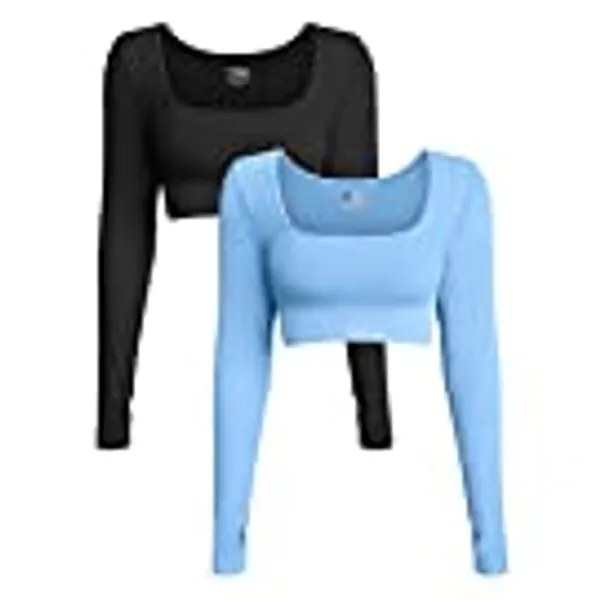 OQQ Women's 2 Piece Crop Top Ribbed Seamless Workout Exercise Long Sleeve Crop Tops