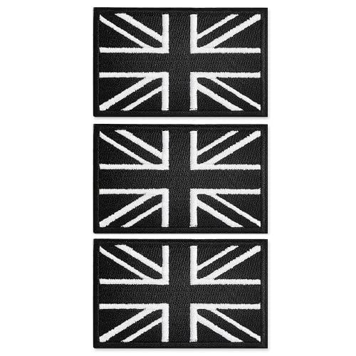 3PCS Union Jack Velcro Patch Black United Kingdom Flag Patch Tactical Applique Fastener Hook & Loop UK Emblem for Cap Bag Vest Military Uniforms
