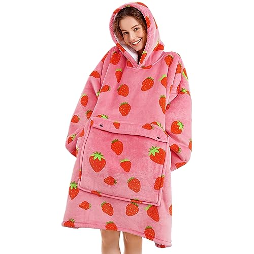 Narecte Oversized Blanket Hoodie Blanket for Women,Wearable Blanket Adult Giant Hoodie Cozy Sweatshirt Kawaii Stuff,Birthday Gifts for Women, for Sister,Teen Girl Gifts Strawberry - 1#strawberry - Adult