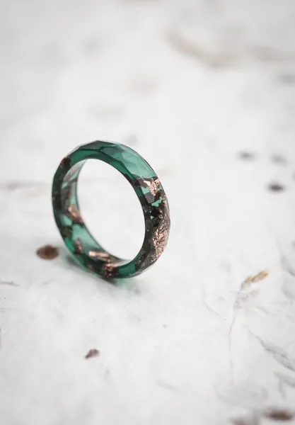Dark Jade Green Stacking Resin Ring Deep Moss Green with Rose Gold Flakes Faceted Ring OOAK pine green minimal chic minimalist jewelry