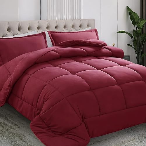 All Season Queen Size Comforter Set 3 PCs, Premium 350GSM Soft Quilted Down Alternative Comforter+2 Pillow Shams with Corner Tabs-Machine Washable Burgundy, Queen（88 * 88） - Burgundy - Queen（88*88）