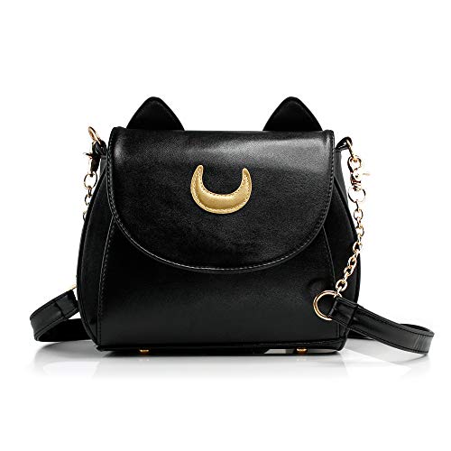 Oct17 Moon Luna Design Purse Kitty Cat satchel shoulder bag Designer Women Handbag Tote PU Leather Sailer Style - Black