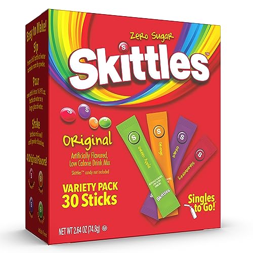 Skittles Singles To Go Variety Pack, Powdered Drink Mix, Zero Sugar, Low Calorie, Includes 4 Flavors: Green Apple, Strawberry, Grape, Orange, 1 Box (30 Single Servings) - Original Variety Pack - 30 Count (Pack of 1)
