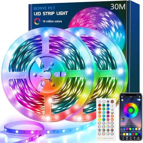 Ruban LED 30M(15Mx2) Bleutooth Bande LED RGB LED Chambre Bande Lumineuse Flexible Multicolore, Contrôlé par APP du Smartphone, Synchroniser avec Rythme de Musique/Fonction de Minuterie - 30M