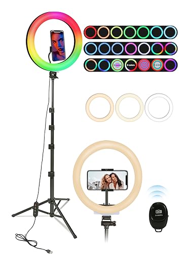 Railee Ringlicht mit Stativ Handy 10 Zoll LED Ring Light für Selfie YouTube Tik Tok Fotografie Makeup Ringleuchte mit 3 Weiß Licht 26 RGB Farbwechsel 8 Helligkeit Gesamthöhe 180cm - 10 Zoll RGB