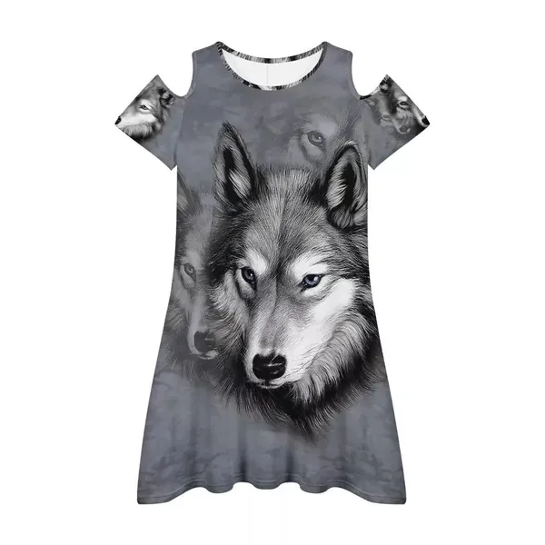 Women Cute Print Summer Cold Shoulder Flowy T-Shirt Dress Sexy Short Dresses - Large Gray Wolf