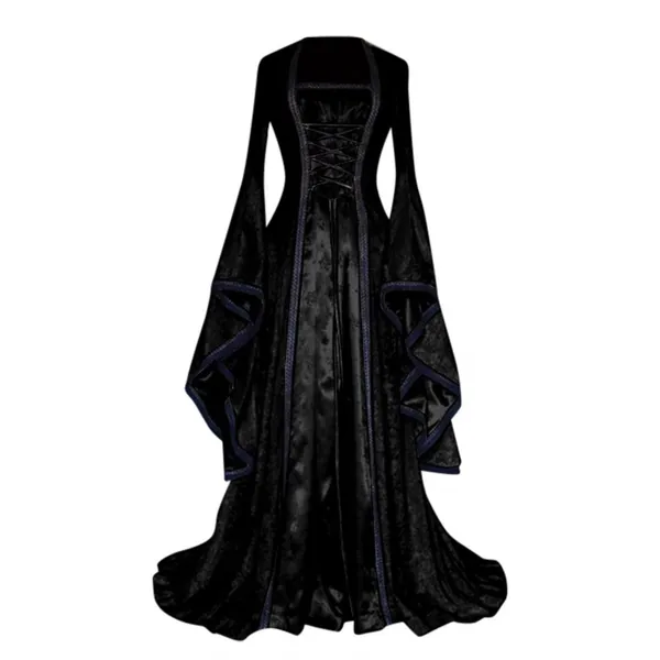 Women's Vintage Medieval Dresses Gothic Clothes Long Flared Sleeve Princess Dress Plus Size Halloween Costume for Women - Black XX-Large