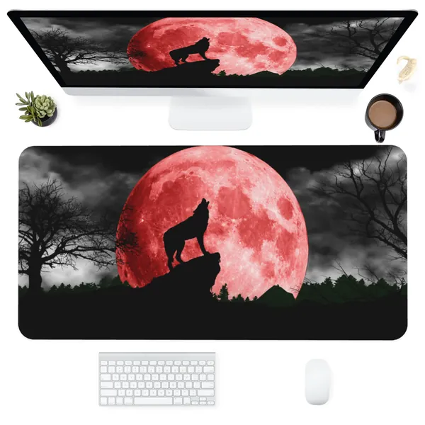 Desk Mat,Wolf and Red Moon Extended Gaming Mouse Pad for Office Work & Game,Computer Keyboard Mouse Mat Desk Non-Slip Rubber Base Large Mousepad with Stitched Edges, 31.5x15.7inch - Red Moon and Wolf Extended X-Large