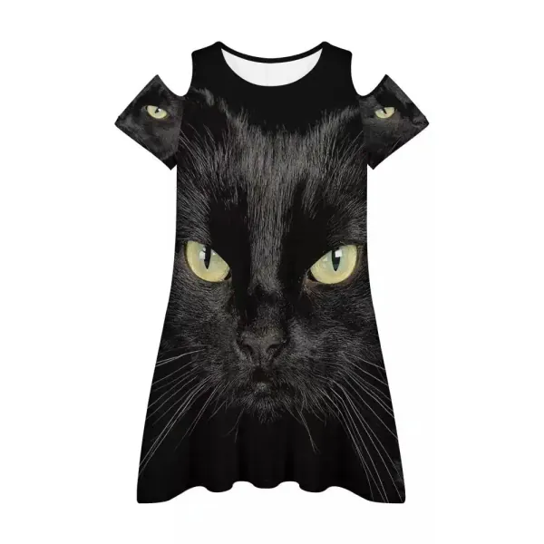 Women Cute Print Summer Cold Shoulder Flowy T-Shirt Dress Sexy Short Dresses - Large Black Cat