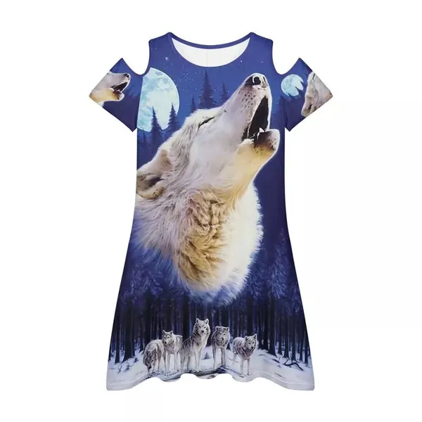 Women Cute Print Summer Cold Shoulder Flowy T-Shirt Dress Sexy Short Dresses - Large Cool Wolf