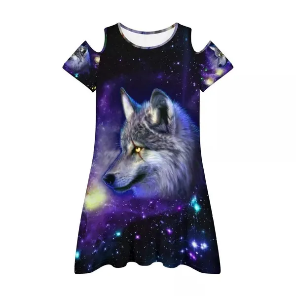 Women Cute Print Summer Cold Shoulder Flowy T-Shirt Dress Sexy Short Dresses - Large Galaxy Wolf