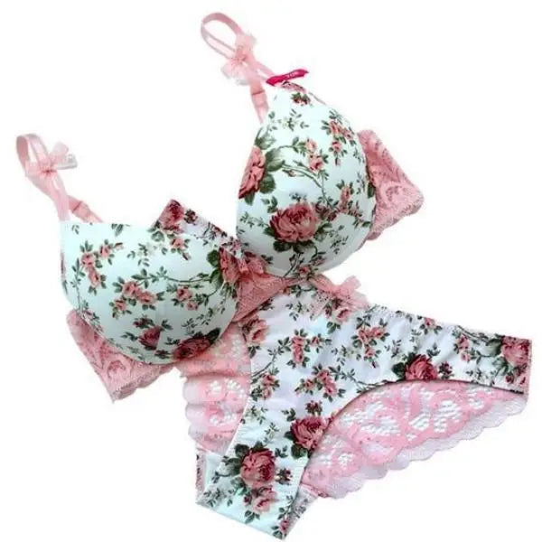 Luxurious Floral and Lace Lingerie Set with Elegant Details - Beige / 36B