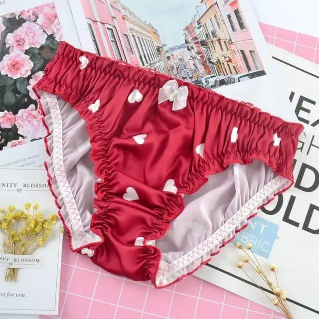 Satin Heart Patterned Undies with Ruffled Trim and Bows in Stock - Red / L