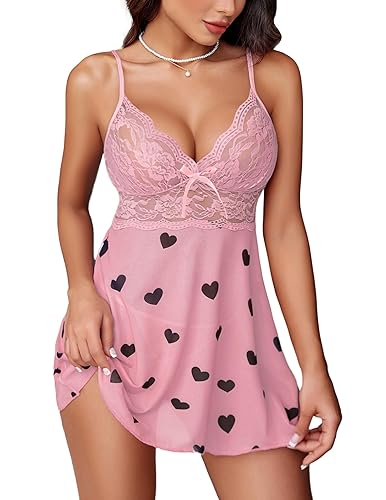 Avidlove Women Lingerie Lace Babydoll Strap Chemise Halter Teddy V Neck Sleepwear - Large - Black Love Heart