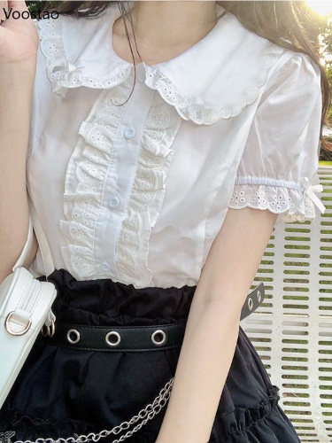 Japanese Kawaii Lolita Blouses Women Cute Bow Peter Pan Collar Vintage Ruffles JK Shirts Girly Sweet Puff Sleeve Camisa