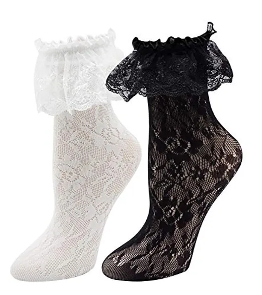 Lovful Women's Lace Anklet Sock with Ruffle, 2 Pairs Set