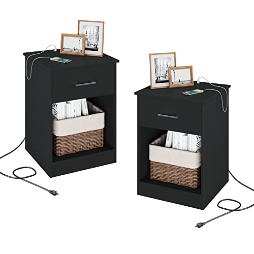 Reettic Set of 2 Nightstand with Charging Station and USB Ports & Power Outlets, Wooden End Table with Drawer and Opening Shelf, Side Table for Bedroom, Black RCTG101BE02 - 2 PACK - Black & Charging Station