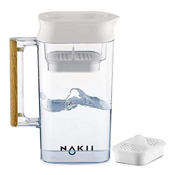 
                            Nakii Water Filter Pitcher - Long Lasting 150 Gallons, Supreme Fast Filtration and Purification Technology, Removes Chlorine, Metals & Fluoride for Clean Tasting Drinking Water, WQA Certified,
                        