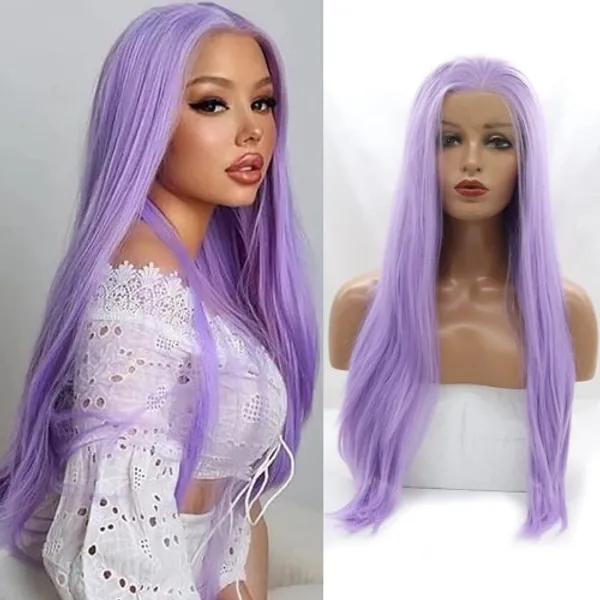 AFBeauty Purple Lace Front Wig Lavender Light Purple Long Straight Synthetic Hair Wigs for Women Synthetic Lace Front Wigs with Natural Hairline Baby Hair Heat Resistant Kanekalon Fiber Hair for Christmas Party or Dail Use - 24 Light Purple Lace Front Wig