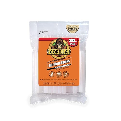 Gorilla Hot Glue Sticks, Full Size, 4" Long x .43" Diameter, 30 Count, Clear, Bonds: Wood, Metal, Glass, Plastic, Floral, Fabric, Leather, Foam, and More (Pack of 1 with 30 Glue Sticks) - Full Size, 4" Long x .43" Diameter, 30 Count
