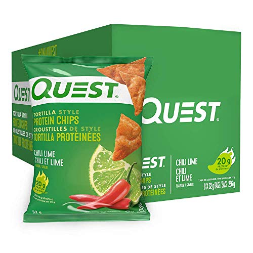 Quest Nutrition Chili Lime Flavour Tortilla Style Protein Chips, High Protein, Baked, Not Fried, Gluten Free, 1g Sugar, 4g Carbs, 8ct - Chili Lime