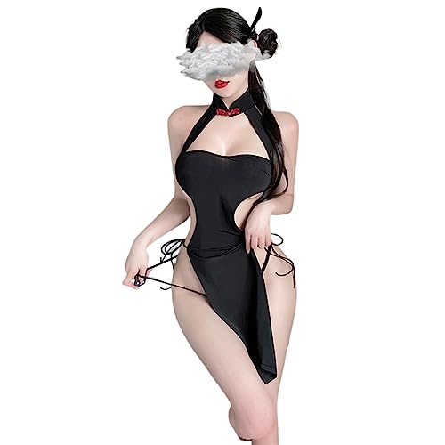 Temptshow Women's Sexy Lace Underwear Chinese Cheongsam Print Slit Underwear - Black2