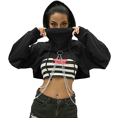 Womens Ladies Girls Hoodie Crop Tops Long Sleeve Hooded Sweatshirt Cropped Sweat Tops Pullover Jumpers with Chain - 6-8 - Black