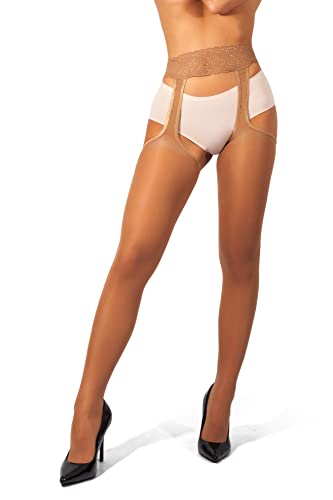 sofsy Suspender Tights for Women | Sheer Garter Pantyhose [Made in Italy] - 1/pack | The Alexa-Rae - L - Tan