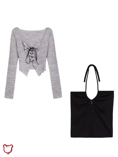 'Bullet' Black Lace Crop Top - Black/Grey / M